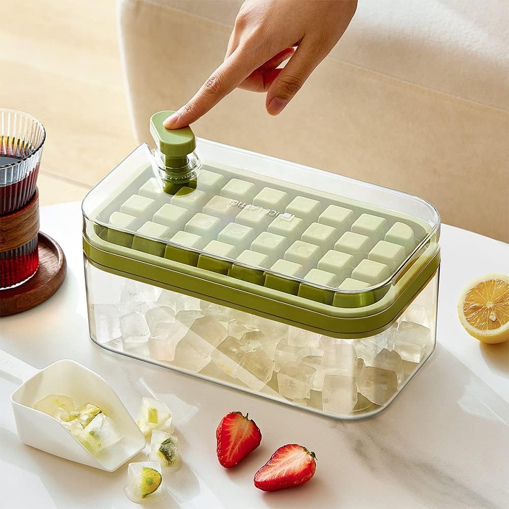 Ice Cube Tray With Lid And Storage Large Capacity Double Layer 64 Cells Ice Ball Maker Food Grade Silicone Ice Cube Tray Stackable Ice Cube Molds with Storage Ice Bin and Shove - JVJ Prime