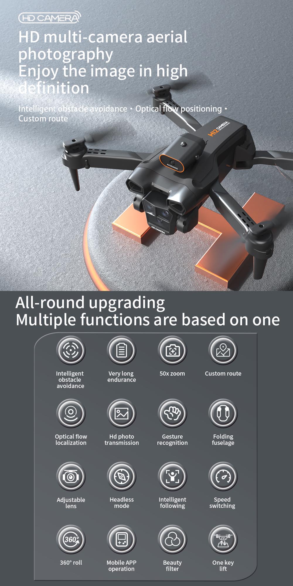 H12 Mini Drone Three Camera Wide Angle Optical Flow Localization Four way Obstacle