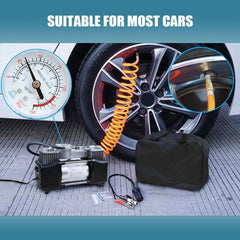 Air Compressor Heavy Duty 12V Portable 150 PSI Electric Car Tyre Inflator Pump Double Cylinder Black Universal Dc Power 12v