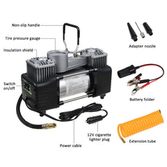 Air Compressor Heavy Duty 12V Portable 150 PSI Electric Car Tyre Inflator Pump Double Cylinder Black Universal Dc Power 12v